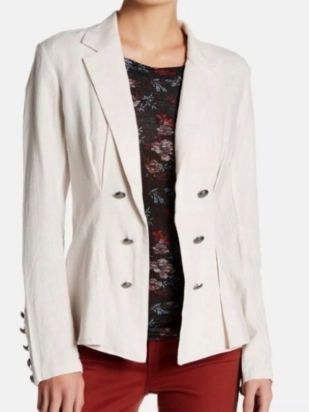 Free People Blush Pink Linen Blend Faux Double Breasted Blazer Jacket Large